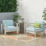 Cape Coral Outdoor 3 Piece Silver Aluminum Framed Chat Set with Light Teal and White Corded Water Resistant Cushions and Natural Finished Faux Wood C-Shaped Side Table Noble House