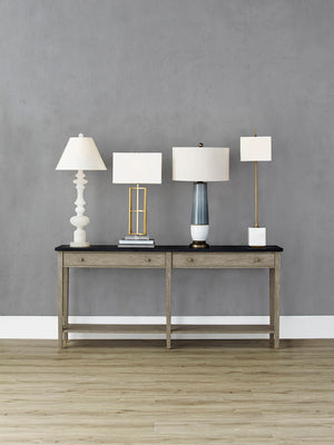 Thompson White Console Lamp - Elegant Brass-Finished Design with Marble Base & Vanilla Linen Shade
