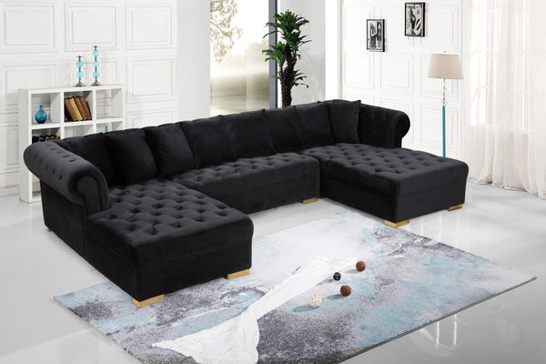 Presley Velvet / Engineered Wood / Metal / Foam Contemporary Black Velvet 3pc. Sectional - 134" W x 70" D x 31.5" H