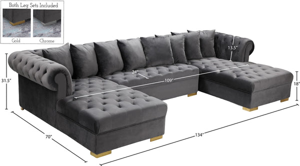 Presley Velvet / Engineered Wood / Metal / Foam Contemporary Grey Velvet 3pc. Sectional - 134" W x 70" D x 31.5" H