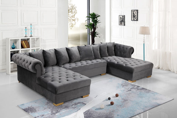 Presley Velvet / Engineered Wood / Metal / Foam Contemporary Grey Velvet 3pc. Sectional - 134" W x 70" D x 31.5" H