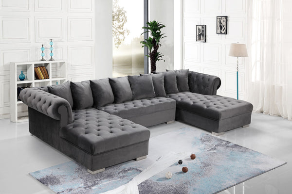 Presley Velvet / Engineered Wood / Metal / Foam Contemporary Grey Velvet 3pc. Sectional - 134" W x 70" D x 31.5" H