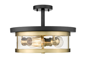 Bethel Black & Gold Semi Flush Mount Light – Elegant Metal Frame with Clear Glass Shade, 3 Bulbs