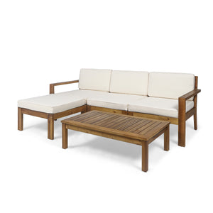 Santa Ana Outdoor 3 Seater Acacia Wood Sofa Sectional with Cushions, Teak and Cream Noble House