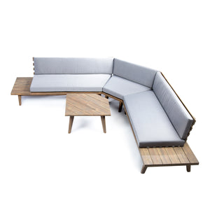 Hillcrest Outdoor V Shaped 4 Piece Grey Finished Acacia Wood Sectional Sofa Set with Grey Water Resistant Cushions Noble House