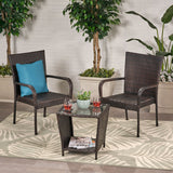 Sarah Outdoor 3 Piece Multibrown Wicker Stacking Chair Chat Set Noble House