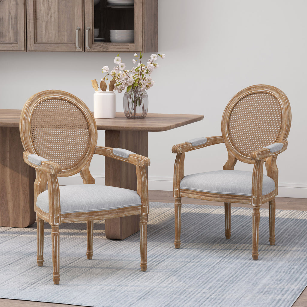 Noble House Judith French Country Wood and Cane Upholstered Dining Chair (Set of 2), Light Gray and Natural