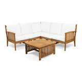 Carolina Outdoor 5 Seater Acacia Wood Sofa Sectional Set, Brown and White Noble House