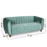 Richland Modern Glam Velvet Channel Stitch 3 Seater Sofa, Turquoise and Walnut Noble House