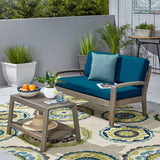 Grenada Loveseat and Coffee Table Set for Patio, Acacia Wood, Gray Finish with Teal Outdoor Cushions Noble House