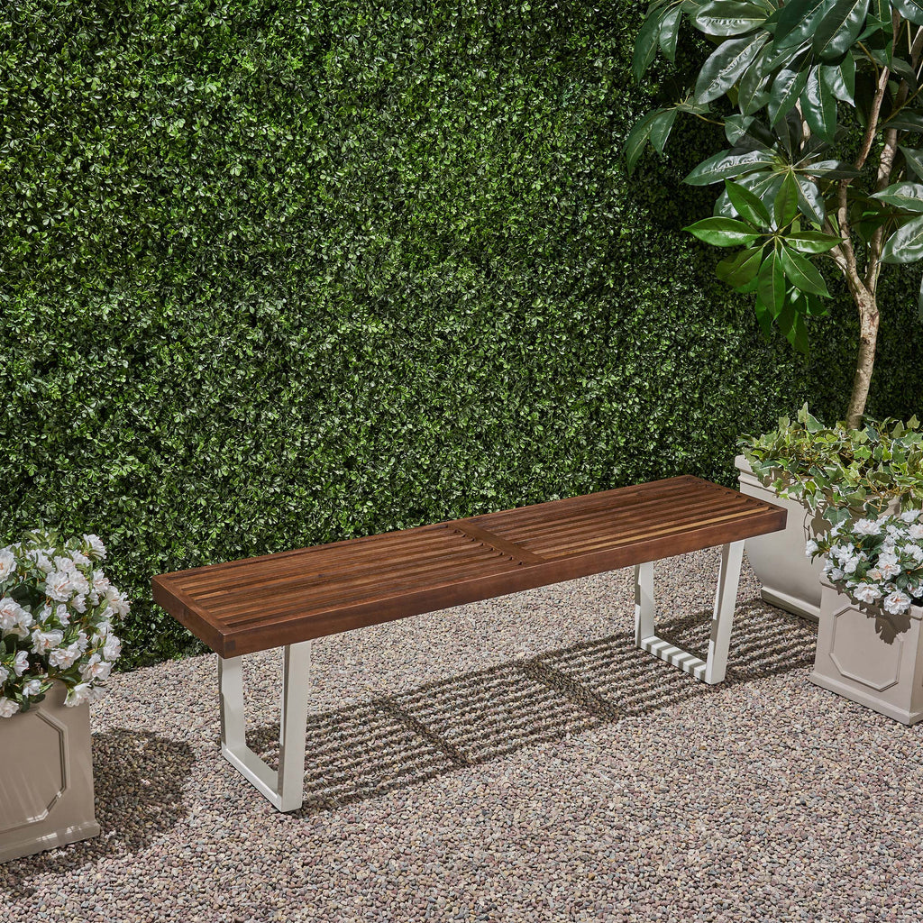 Noble House Fresno Patio Dining Bench, Acacia Wood with Iron Legs, Modern, Contemporary, Dark Brown and White