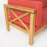 Brava Outdoor Acacia Wood Left Arm Loveseat and Coffee Table Set with Cushion, Teak and Red Noble House