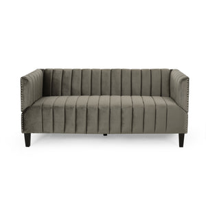 Weymouth Contemporary Channel Stitch Velvet 3 Seater Sofa, Gray Noble House