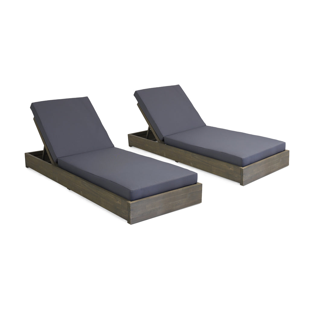 Noble House Ian Outdoor Acacia Wood Chaise Lounge with Cushion (Set of 2), Gray and Dark Gray