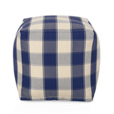 Konnor Modern Fabric Checkered Cube Pouf, Ivory and Navy Blue