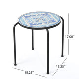Skye Outdoor Blue and White Ceramic Tile Side Table with Iron Frame Noble House