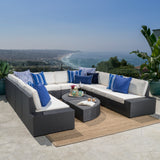 Santa Cruz Outdoor 10 Seater Wicker Sectional Sofa Set with Cushions, Gray and White Noble House