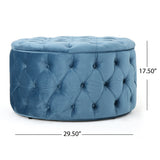 Zelfa Modern Glam Tufted Velvet Round Ottoman, Baby Blue and Black Noble House