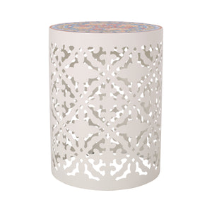 Castana Outdoor Lace Cut Side Table with Tile Top, White and Multi-Color Noble House