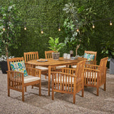 Casa Acacia Patio Dining Set, 6-Seater, 71" Oval Table with Straight Legs, Teak Finish, Cream Outdoor Cushions Noble House