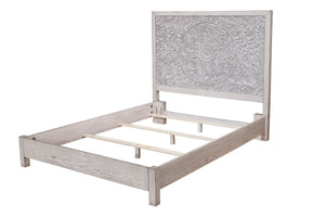 Aria King Panel Bed - Handcrafted Mahogany with Floral Design in Weathered White Finish, Stylish Comfort