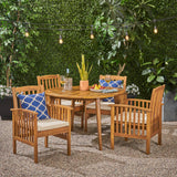 Casa Acacia Patio Dining Set, 4-Seater, 47" Round Table with Straight Legs, Teak Finish, Cream Outdoor Cushions Noble House