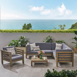 Oana Outdoor 6 Seater Acacia Wood Sectional Sofa and Club Chair Set, Gray Finish and Dark Gray Noble House
