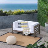 Oana Outdoor Modular Acacia Wood Loveseat with Cushions, Gray and White Noble House