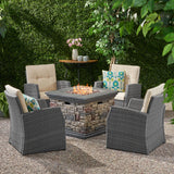 Malvern Outdoor 4 Seater Wicker Chat Set with Fire Pit, Gray, Beige, and Stone Finish Noble House