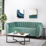 Richland Modern Glam Velvet Channel Stitch 3 Seater Sofa, Turquoise and Walnut Noble House