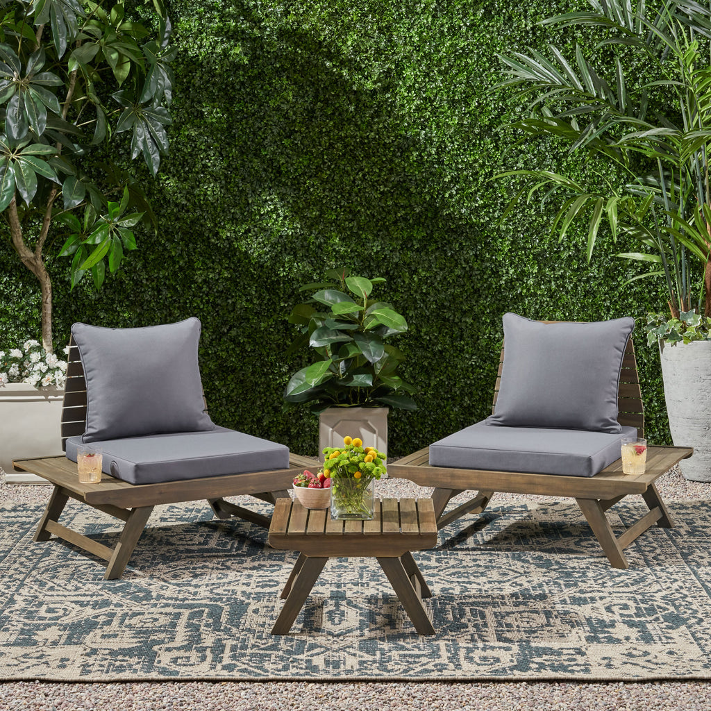 Noble House Sedona Outdoor 2 Seater Acacia Wood Club Chairs and Side Table Set, Gray and Dark Gray