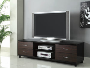 Contemporary 4-drawer TV Console Glossy Black and Walnut