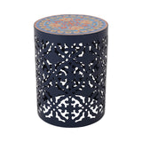 Noble House Chetola Indoor Lace Cut Side Table with Tile Top, Dark Blue and Multi-Color