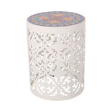 Noble House Chetola Indoor Lace Cut Side Table with Tile Top, White and Multi-Color