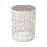 Noble House Chetola Indoor Lace Cut Side Table with Tile Top, White and Multi-Color