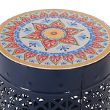 Noble House Chicory Indoor Lace Cut Side Table with Tile Top, Dark Blue and Multi-Color