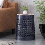 Noble House Chicory Indoor Lace Cut Side Table with Tile Top, Dark Blue and Multi-Color