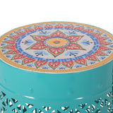 Noble House Chicory Indoor Lace Cut Side Table with Tile Top, Teal and Multi-Color