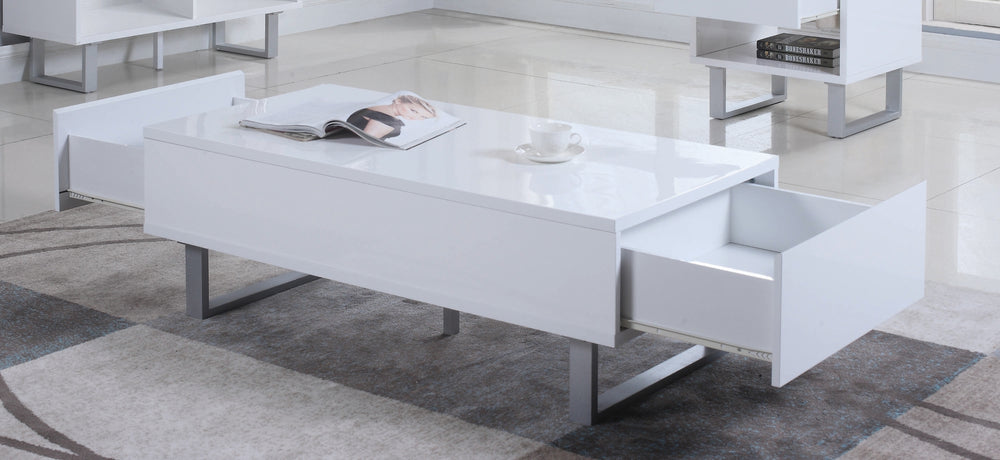 Contemporary High Glossy White Coffee Table with 2 Storage Drawers for Modern Living Rooms Décor