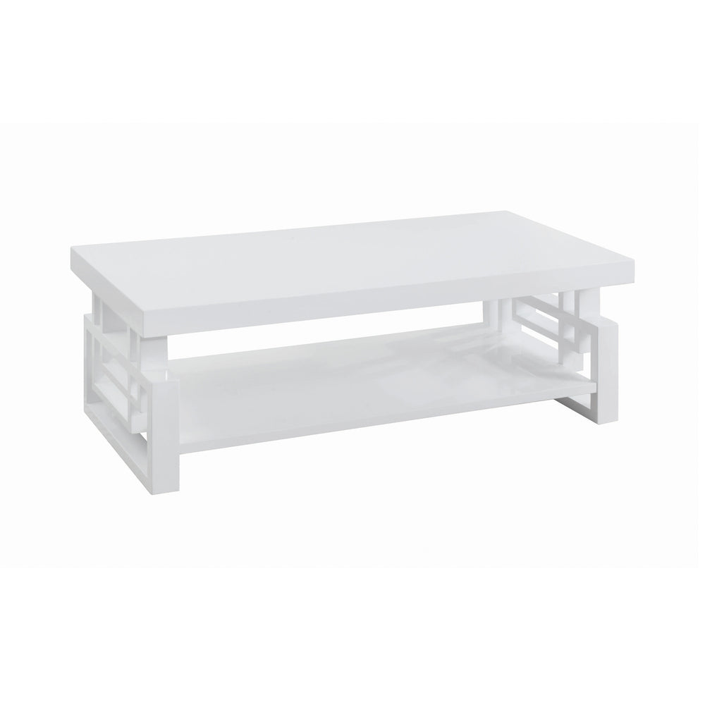 Contemporary High Glossy White Coffee Table with Unique Windowpane Design and Built-in Storage Shelf