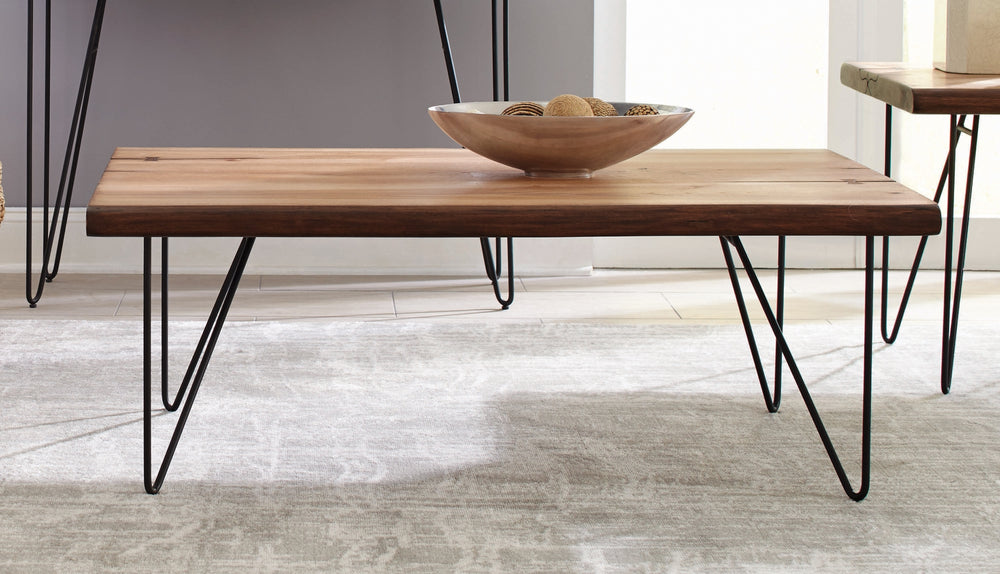 Contemporary Coffee Table with Hairpin Legs - Natural Honey Finish & Gunmetal Retro Charm