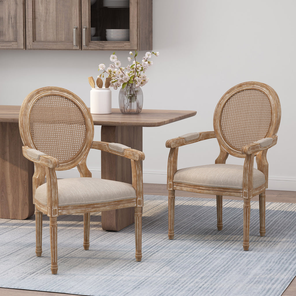 Noble House Judith French Country Wood and Cane Upholstered Dining Chair (Set of 2), Beige and Natural