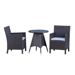 Noble House Cypress Outdoor 3 Piece Multibrown Wicker Round Dining Set with Light Brown Water Resistant Cushions