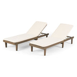 Nadine Outdoor Modern Acacia Wood Chaise Lounge with Cushion, Gray and Cream Noble House
