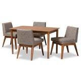 Baxton Studio Nexus Mid-Century Modern Gravel Fabric Upholstered and Walnut Brown Finished Wood 5-Piece Dining Set