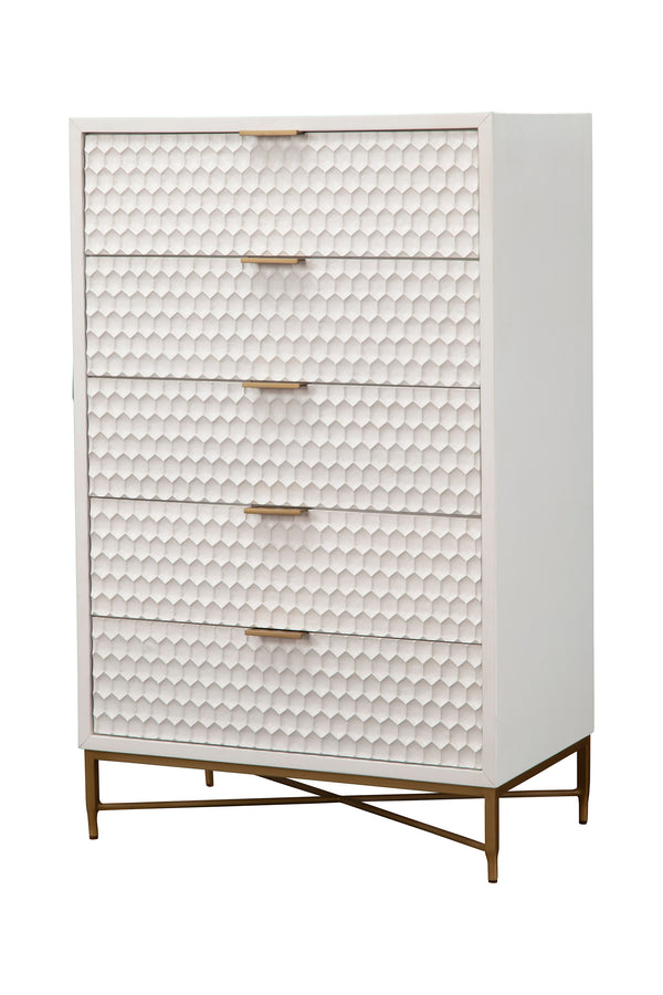 White Pearl 5 Drawer Chest - Modern Design with Textured Fronts, Gold Accents & Open Base Style