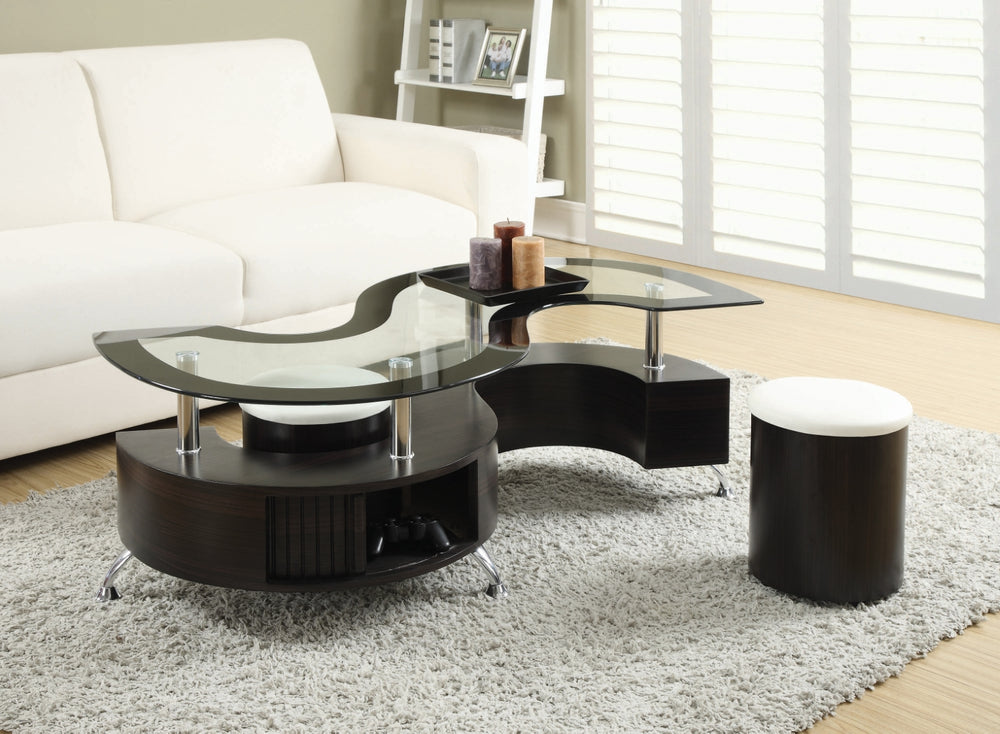 Contemporary 3-Piece Coffee Table & Stools Set with Glass Top, Storage & Stylish Cappuccino Finish