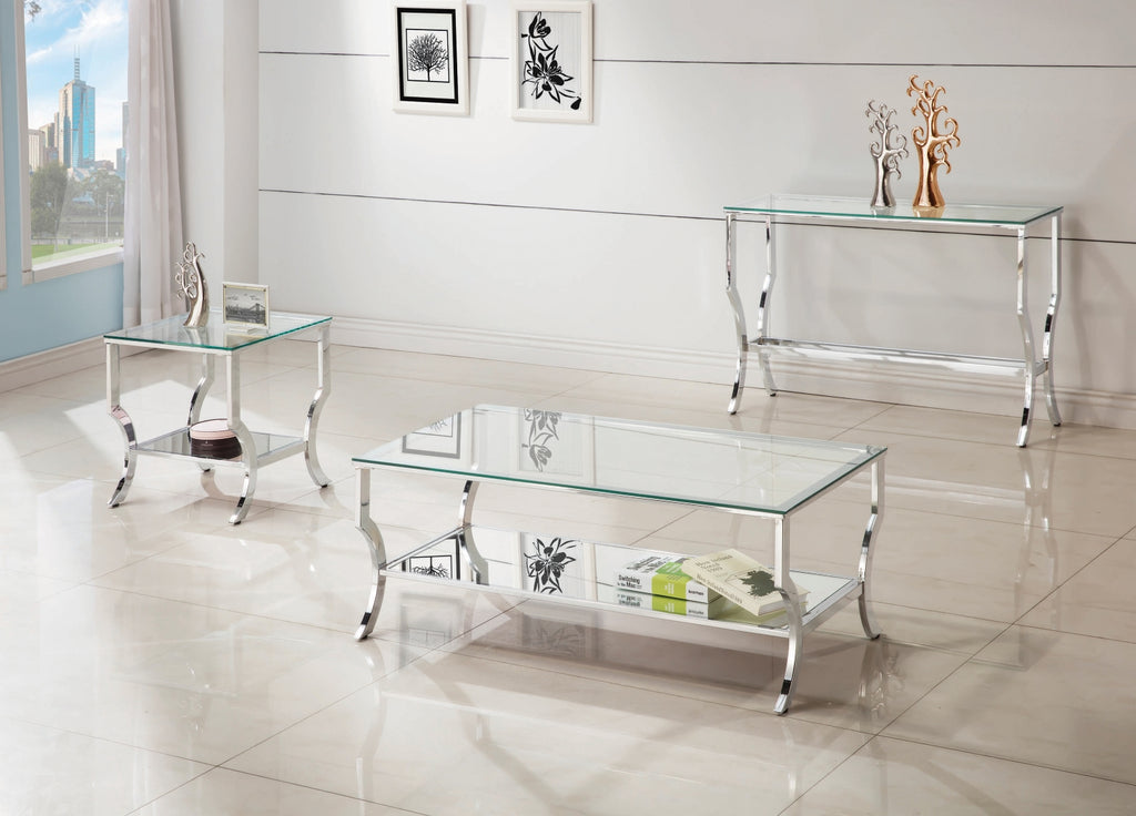 Contemporary Rectangular Sofa Table with Mirrored Shelf Chrome