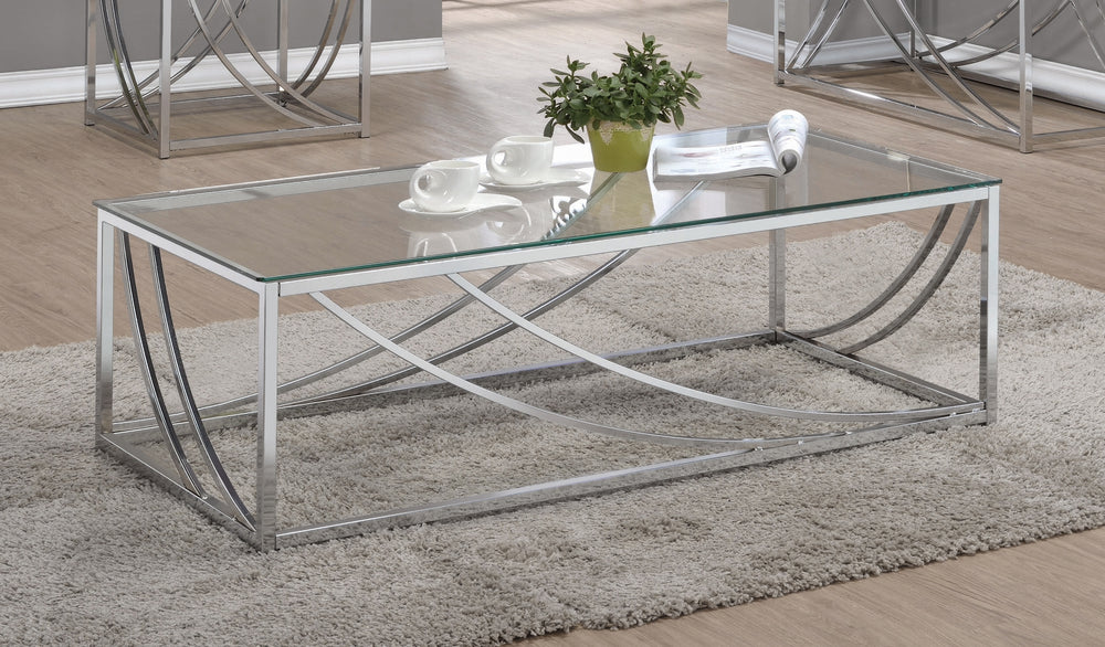 Contemporary Glass Top Coffee Table with Chrome Swoop Accents for Elegant Living Room Design