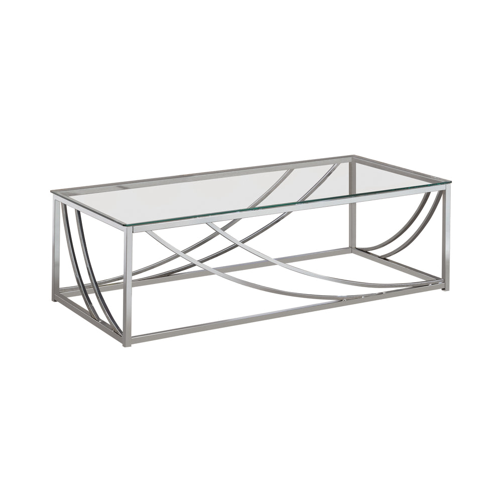 Contemporary Glass Top Coffee Table with Chrome Swoop Accents for Elegant Living Room Design